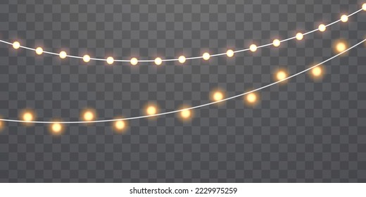 Set of gold xmas glowing garland with sparks. Yellow light bulbs with sparkles. Led neon lamp. Golden semitransparent new year lights decoration. Christmas, wedding or Birthday decor. Vector