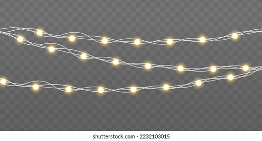 Set of gold xmas glowing garland with sparks. Led neon lamp. Christmas, wedding or Birthday decor. Golden semitransparent new year lights decoration. Yellow light bulbs with sparkles. Vector