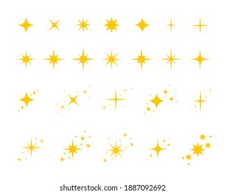 Set of gold, yellow stars twinkles and sparkles symbols isolated on white background. Bright flash, shining glow, dazzle light icons. Vector flat illustration.