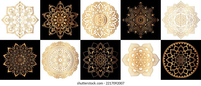 Set of gold zentangle mandalas, Mandala for henna, mehendi, tattoo, Decorative ethnic ornamental elements, Oriental patterns