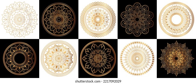 Set of gold zentangle mandalas, Mandala for henna, mehendi, tattoo, Decorative ethnic ornamental elements, Oriental patterns