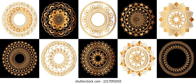 Set of gold zentangle mandalas, Mandala for henna, mehendi, tattoo, Decorative ethnic ornamental elements, Oriental patterns