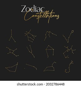 Set of gold Zodiac constellations : Aries, Taurus, Gemini, Cancer, Leo, Virgo, Libra, Scorpio, Sagittarius, Capricornus, Aquarius, Pisces. Line zodiac vector. Tattoo style.	
