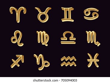 Set gold zodiac sign, painted astrological symbols isolated on dark background, vector hand drawing