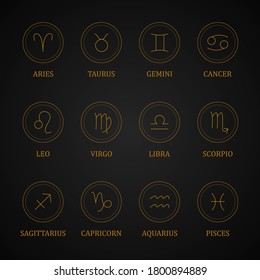 Set of gold zodiac signs. Astrological horoscope. Mystic zodiac icons. Vector illustration isolated on dark background.