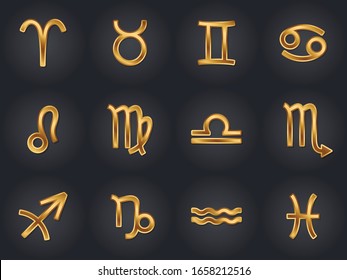 Set of gold zodiac signs icons. Horoscope elements. Astrologycal symbols.