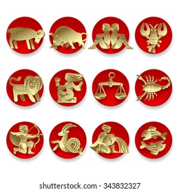 Set of gold zodiacal signs with figure on red circles. Original design. Vector illustration