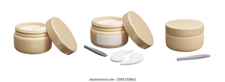 Set of golden 3D eye patches cosmetic bottles isolated on white. Luxury aesthetic skincare treatment, anti aging hydrating collagen gel eye patches make-up product 3D vector illustration.