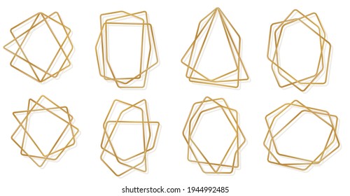 Set of golden 3d geometric polygonal frames isolated on white background. Thin line art deco label for wedding invitation. Vector illustration. Gold luxury crystal borders, brass metal wire badges