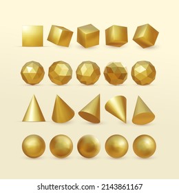 Set of golden 3D geometric shapes. Square, ball, pyramid, polyhedron modern 3d gold metal object, futuristic gradient design. Realistic vector concept.