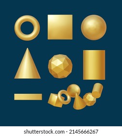 Set of golden 3D geometric shapes. Square, ball, pyramid, polyhedron modern 3d gold metal object, futuristic gradient design. Realistic vector concept.