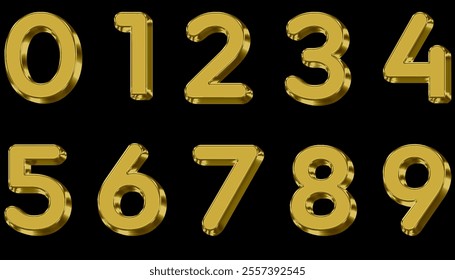 Set of golden 3D numbers, isolated on black background. numbers from 0 to 9 in gold.