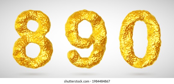Set of golden 3D numbers. Shiny realistic gold nuggets in shape of numbers eight, nine, zero with shadows. Golden set for luxury, wealth and richness concepts, part 3 of 3. Vector illustration.