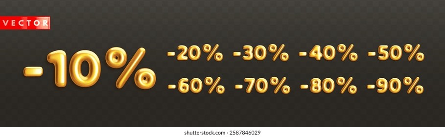 Set of golden 3d off discount numbers with percentage in realistic style. 10%, 20%, 30%, 40%, 50%, 60%, 70%, 80%, 90%. Glossy decoration elements for promotion sale banner. Vector illustration