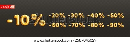 Set of golden 3d off discount numbers with percentage in realistic style. 10%, 20%, 30%, 40%, 50%, 60%, 70%, 80%, 90%. Glossy decoration elements for promotion sale banner. Vector illustration
