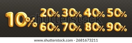 Set of golden 3d off discount numbers with percentage. 10%, 20%, 30%, 40%, 50%, 60%, 70%, 80%, 90%. Glossy realistic decoration elements with shadow for promotion sale banner. Vector illustration
