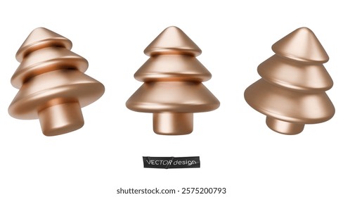 Set golden 3d realistic Christmas tree with shadow isolated on white. Vector illustration for party, design, flyer, banner, web, advertising. Happy New Year greeting card. Christmas sale