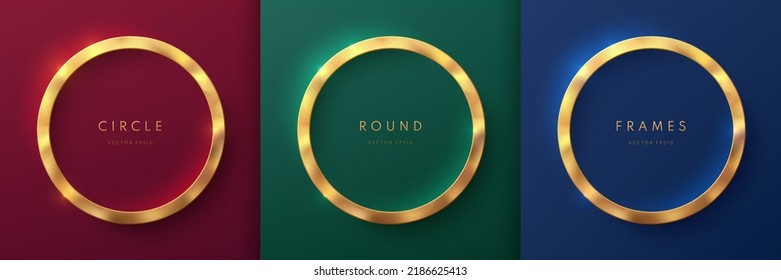 Set of golden 3D round frame on dark blue, red, green luxury background. Abstract circle podium for product display or copy space. Collection of geometric background. Top view elegant scene design. 
