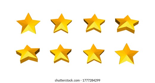 Set of Golden 3D stars different angles realistic  isolated on white background. Christmas decoration. spinning golden star sparkling and rotating. Design element for holidays. Vector illustration.