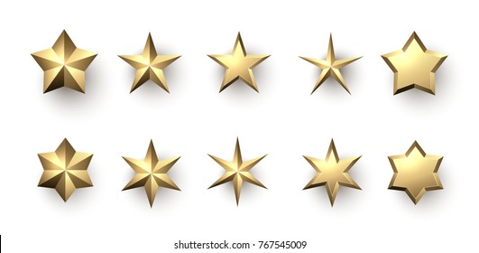 Set of golden 3d stars isolated on white background. Christmas decoration. Vector illustration.
