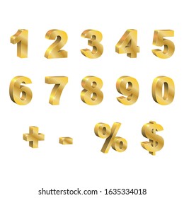 Set of golden 3d vector numbers. One, two, three, four, five, six, seven, eight, nine, zero, dollar, percentage, addition. Isolated 3D letters, on a white background, editable, symbol of discount