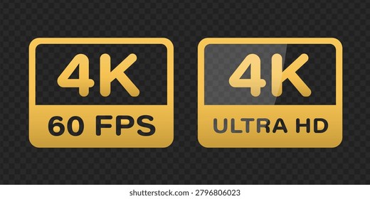 Set of golden 4K Ultra HD and 60 FPS resolution icons. Vector illustration of high definition video standards symbols isolated on transparent background. Modern flat design for web or print