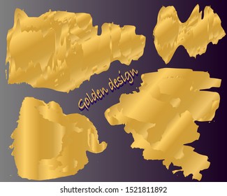 Set of golden abstract brush strokes. Golden gradient on spots of different shapes. Modern design. Vector illustration