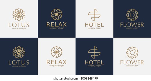 Set of golden abstract flower vector logo 