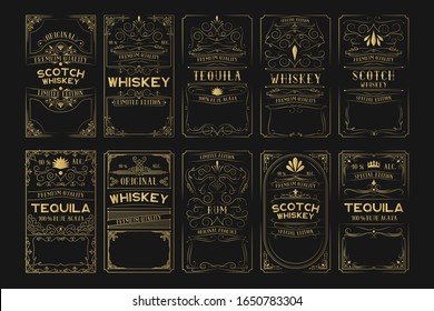 Set of golden alcohol labels. Vintage gold scotch, whiskey, tequila, rum frames for bottle with lettering.