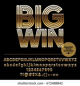 Set of golden Alphabet letters, Numbers and Punctuation symbols. Font contains graphic style. Icon with text Big Win.