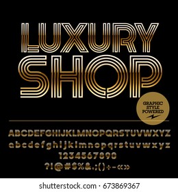 Set of golden Alphabet letters, Numbers and Punctuation symbols. Font contains graphic style. Vector icon with text Luxury Shop.