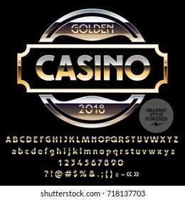 Set of Golden Alphabet Letters, Numbers and Punctuation symbols. Font contains Graphic Style. Vector Logo with text Golden Casino.