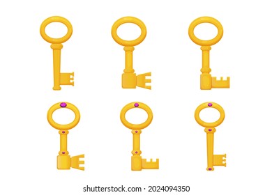 Set golden ancient key decorated with gems in cartoon style isolated on white background. Fantasy castle, ui game asset. 