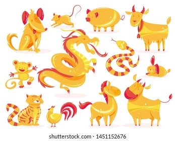 Set of golden animal. Zodiac symbol of chinese calendar. Pig and dog, horse and goat. Isolated vector illustration in cartoon style