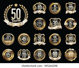 Set of Golden Anniversary Badges. Set of Golden Anniversary Signs. Gold and Black.
