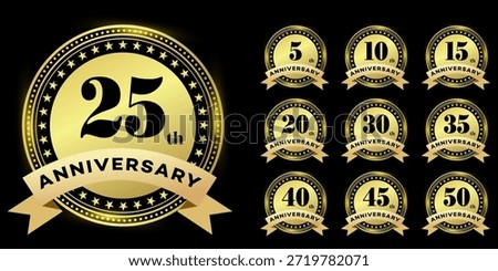 Set of golden anniversary celebration badges for 5, 10, 15, 20, 25, 30, 35, 40, 45, and 50 years. Vector design elements on a black background.