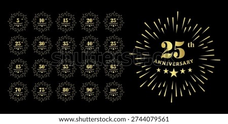 Set of golden anniversary celebration logos from 5 to 100 years. Includes 5, 10, 15, 20, 25, 50, 75, 100. Elegant design with stars and sunburst for jubilee or milestone events.