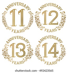 Fourteenth Anniversary Celebration Golden Emblem Vector Image