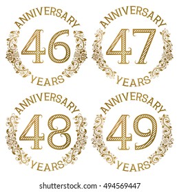 Set of golden anniversary emblems. Forty sixth, forty seventh, forty eighth, forty ninth years signs in vintage style.