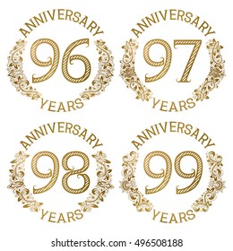 Set of golden anniversary emblems. Ninety sixth, ninety seventh, ninety eighth, ninety ninth years signs in vintage style.