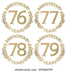 Set of golden anniversary emblems. Seventy sixth, seventy seventh, seventy eighth, seventy ninth years signs in vintage style.