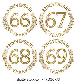 Set of golden anniversary emblems. Sixty sixth, sixty seventh, sixty eighth, sixty ninth years signs in vintage style.