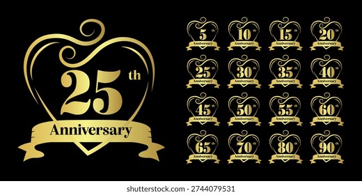 Set of golden anniversary logos. Includes 5, 10, 15, 20, 25, 30, 35, 40, 45, 50, 55, 60, 65, 70, 80, 90. Elegant design for jubilee or celebration.
