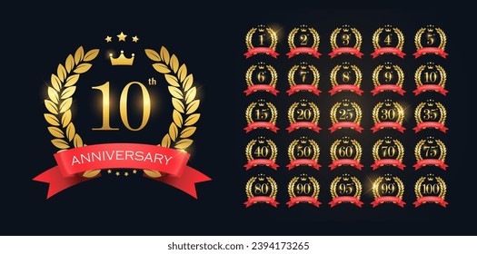 Set of golden anniversary logotype for celebration event, wedding, greeting card, and invitation. Gold emblem with number. Vector illustration