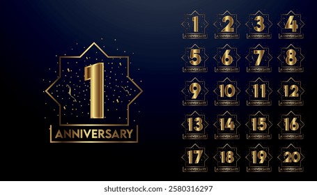 Set of golden anniversary logotypes for celebration events, weddings, greeting cards, and invitations. Gold emblem with number. Vector illustration