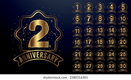 Set of golden anniversary logotypes for celebration events, weddings, greeting cards, and invitations. Gold emblem with number. Vector illustration