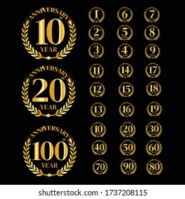 set of golden anniversary logo,Vector golden numbers. 1, 2, 3, 4, 5, 6, 7, 8, 9, 10,11,12,13,14,15,16,17,18,19,20,30,40,50,60,70,80,90,100,logo design. vector illustration