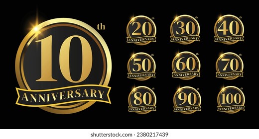 conjunto de logotipo de aniversario dorado,Números vectores dorados. 10, 20, 30, 40, 50, 60, 7,0 80, 90, 100, diseño de logotipo. ilustración vectorial