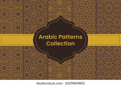 Set of Golden Arabic Patterns on Brown Background, Vector