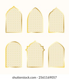 Set of golden arabic windows with islamic pattern isolated on white. Vector illustration ramadan kareem design element, invitation or card template.